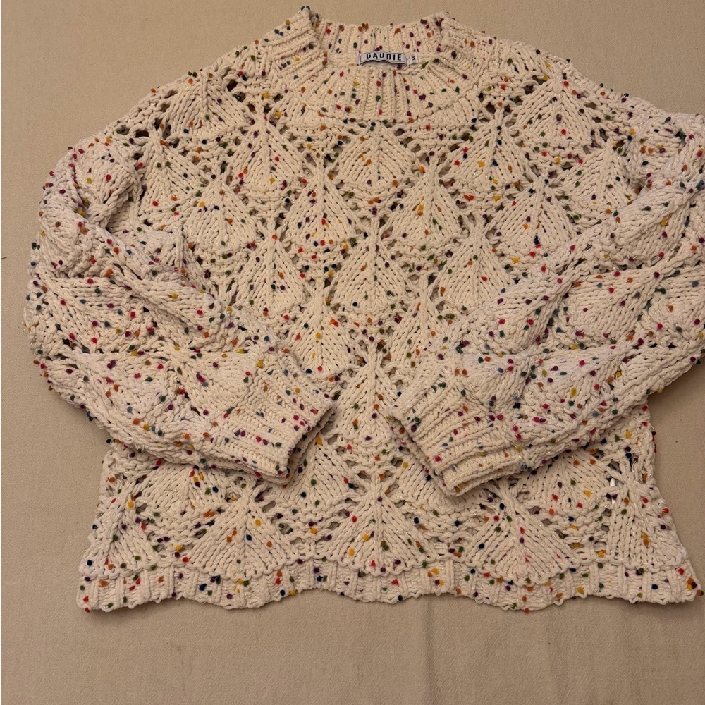 Gaudie confetti sprinkles mock neck open knit sweater M